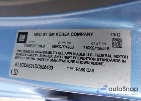 2013 Chevrolet Spark 1Lt Auto z USA, uszkodzony, nr VIN KL8CD6S91DC526490